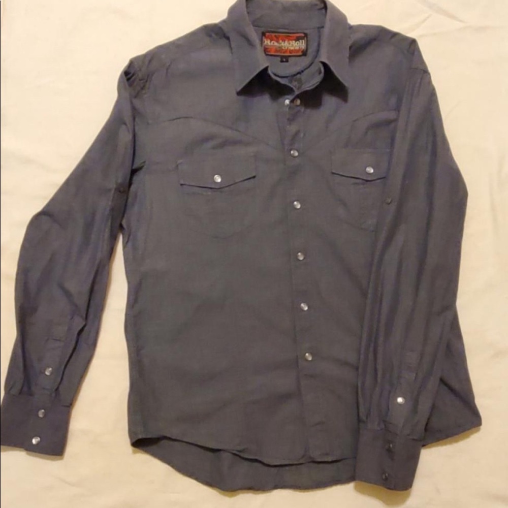 Western,Rock & Roll Cowboy,Grey,Dark Blue,Embroidered,Pearl Snap Shirt